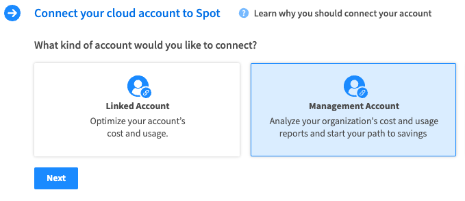 AWS Connect Automatically setup screen showing the CloudFormation stack creation process. The interface displays fields for stack name, account ID, and role selection, with instructions guiding the user through automatic connection of an AWS account to Spot. The environment is professional and user-friendly, designed to simplify the setup process. On-screen text includes Stack name, Account ID, Role, and Next. The tone is clear and instructional, supporting users in completing the connection efficiently.